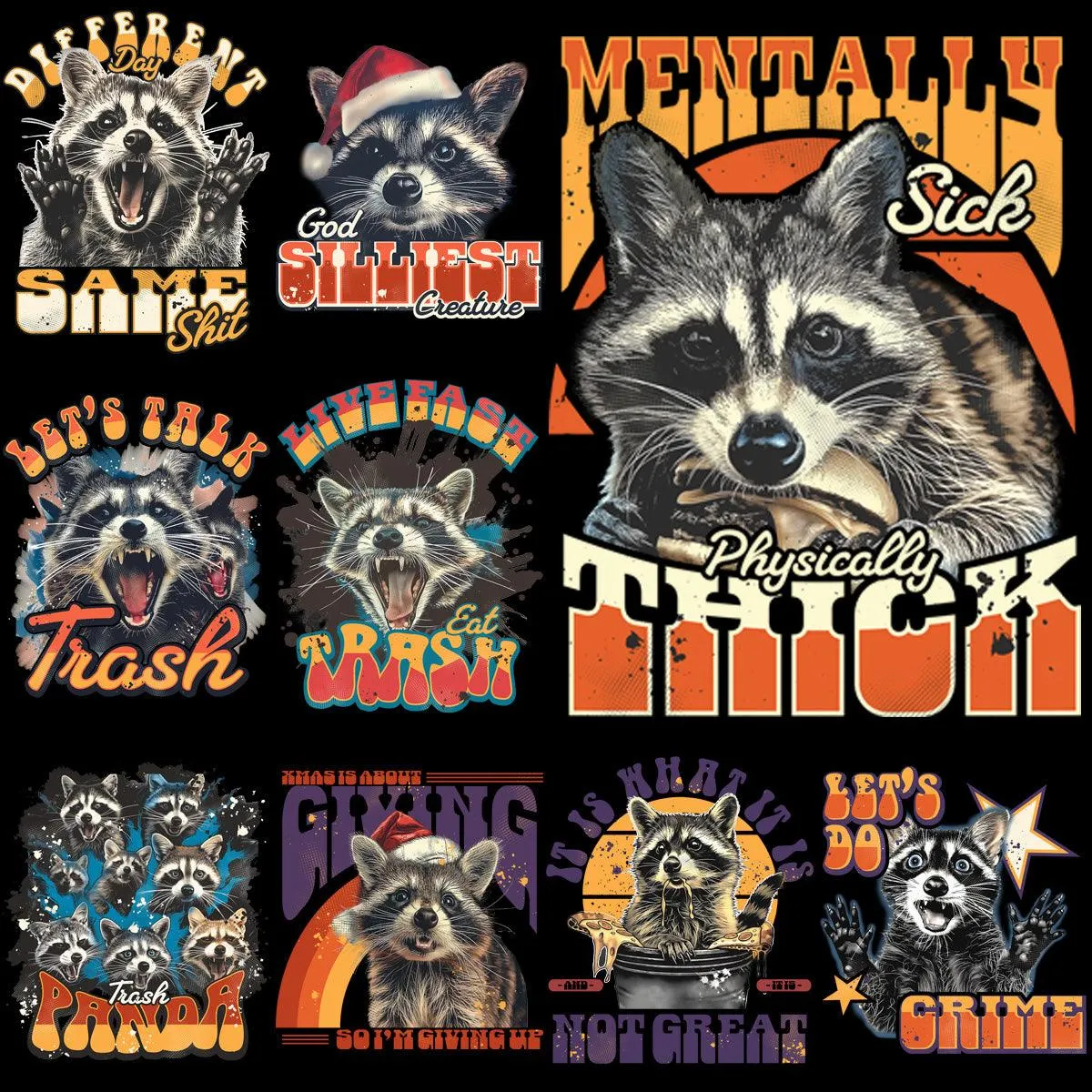 9 Racoon Trash Bootleg 90's Funny Designs Bundle PNG