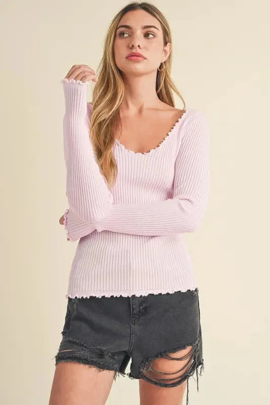 Aemi   Co Lettuce Hem Scoop Neck Long Sleeve Knit Top
