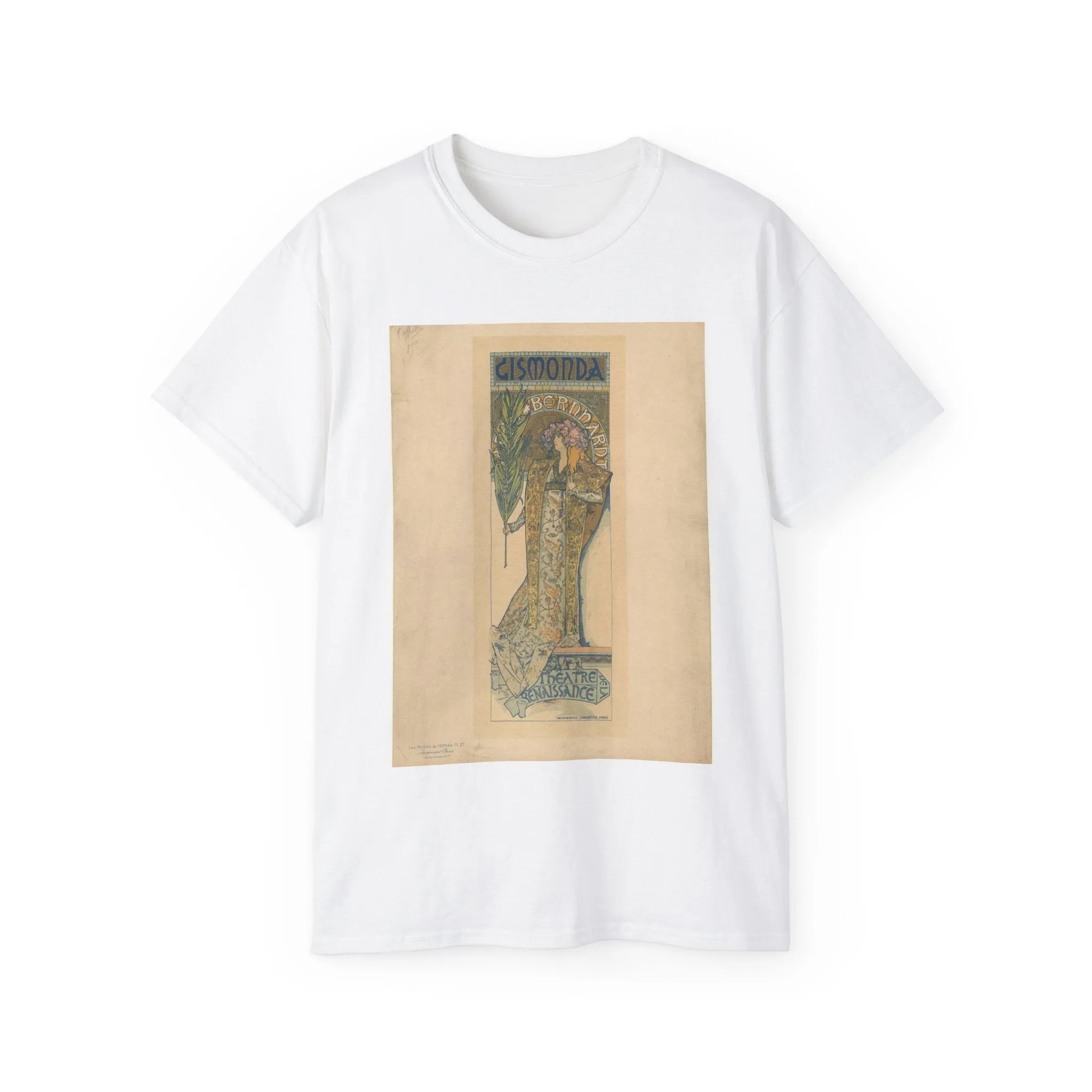 Alphonse Mucha - Poster for Victorien Sardou's Gismonda starring Sarah Bernhardt - Original White T-Shirt Gildan 2000 Cotton Unisex