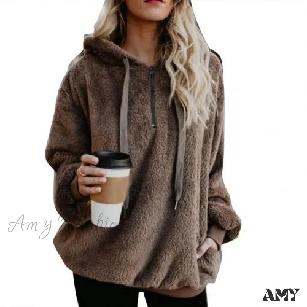 Amy Fashion - Solid Color Zip Up Fluffy Hoodie
