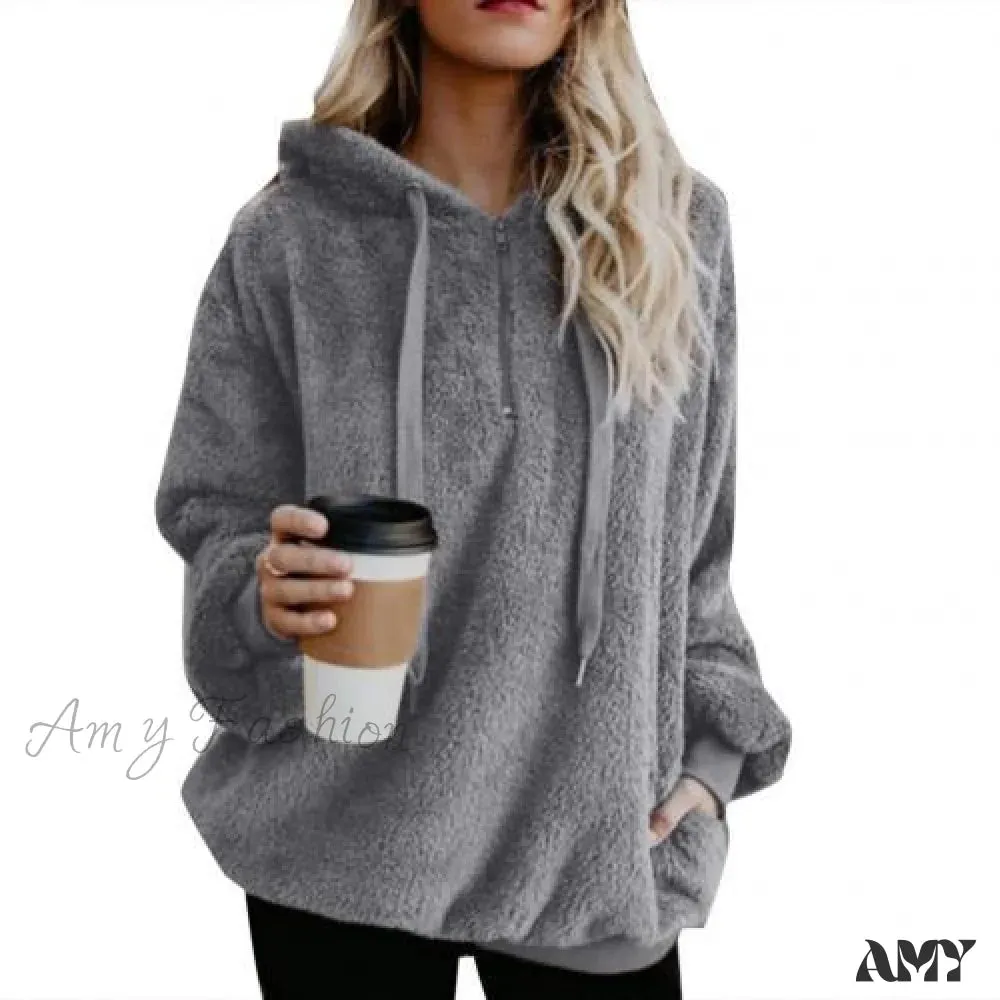 Amy Fashion - Solid Color Zip Up Fluffy Hoodie
