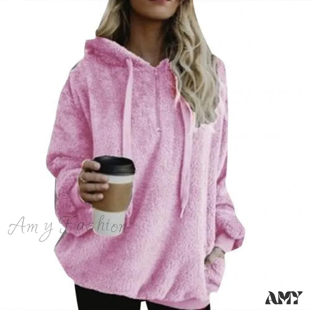 Amy Fashion - Solid Color Zip Up Fluffy Hoodie