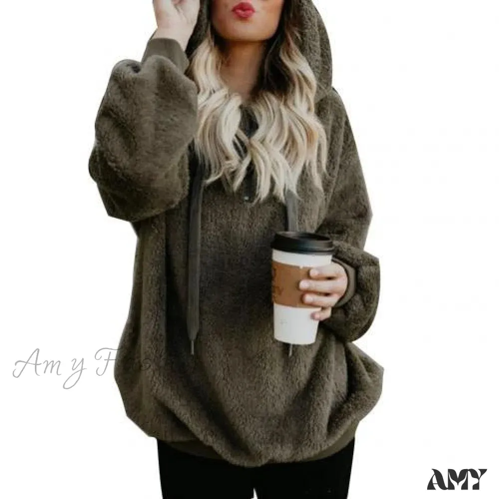 Amy Fashion - Solid Color Zip Up Fluffy Hoodie