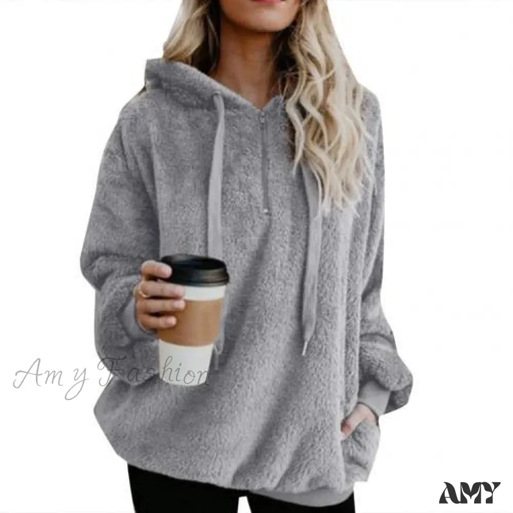 Amy Fashion - Solid Color Zip Up Fluffy Hoodie