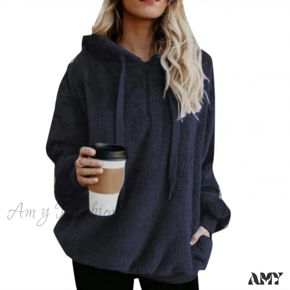 Amy Fashion - Solid Color Zip Up Fluffy Hoodie