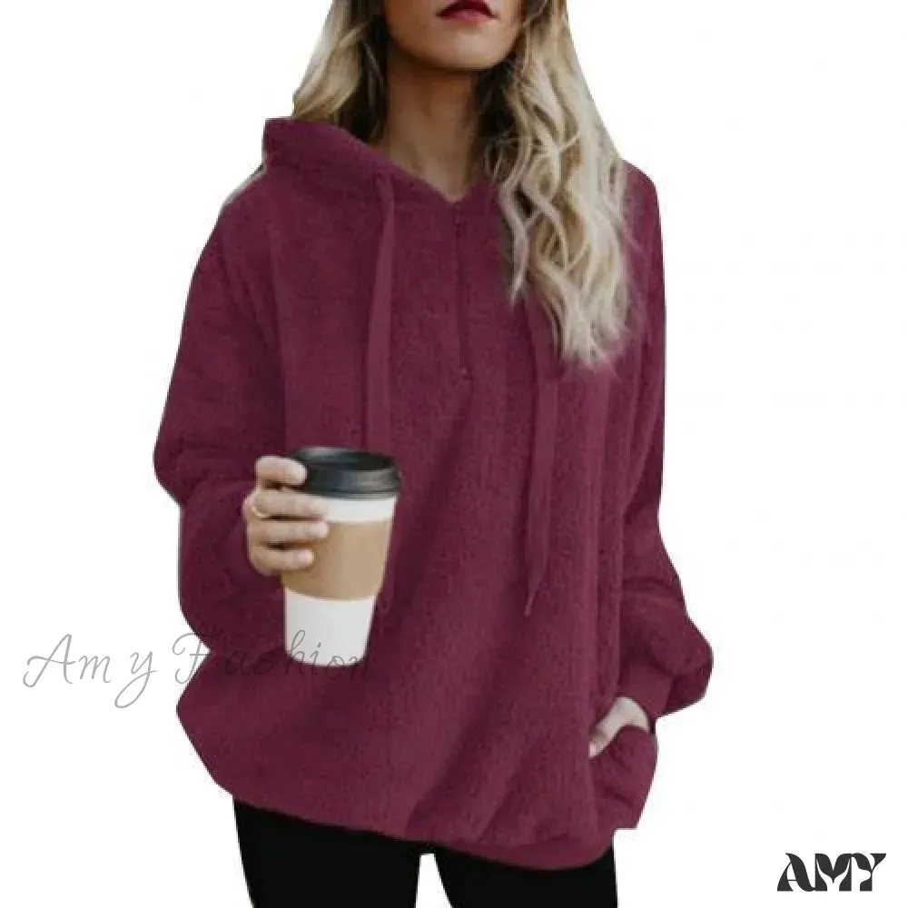 Amy Fashion - Solid Color Zip Up Fluffy Hoodie