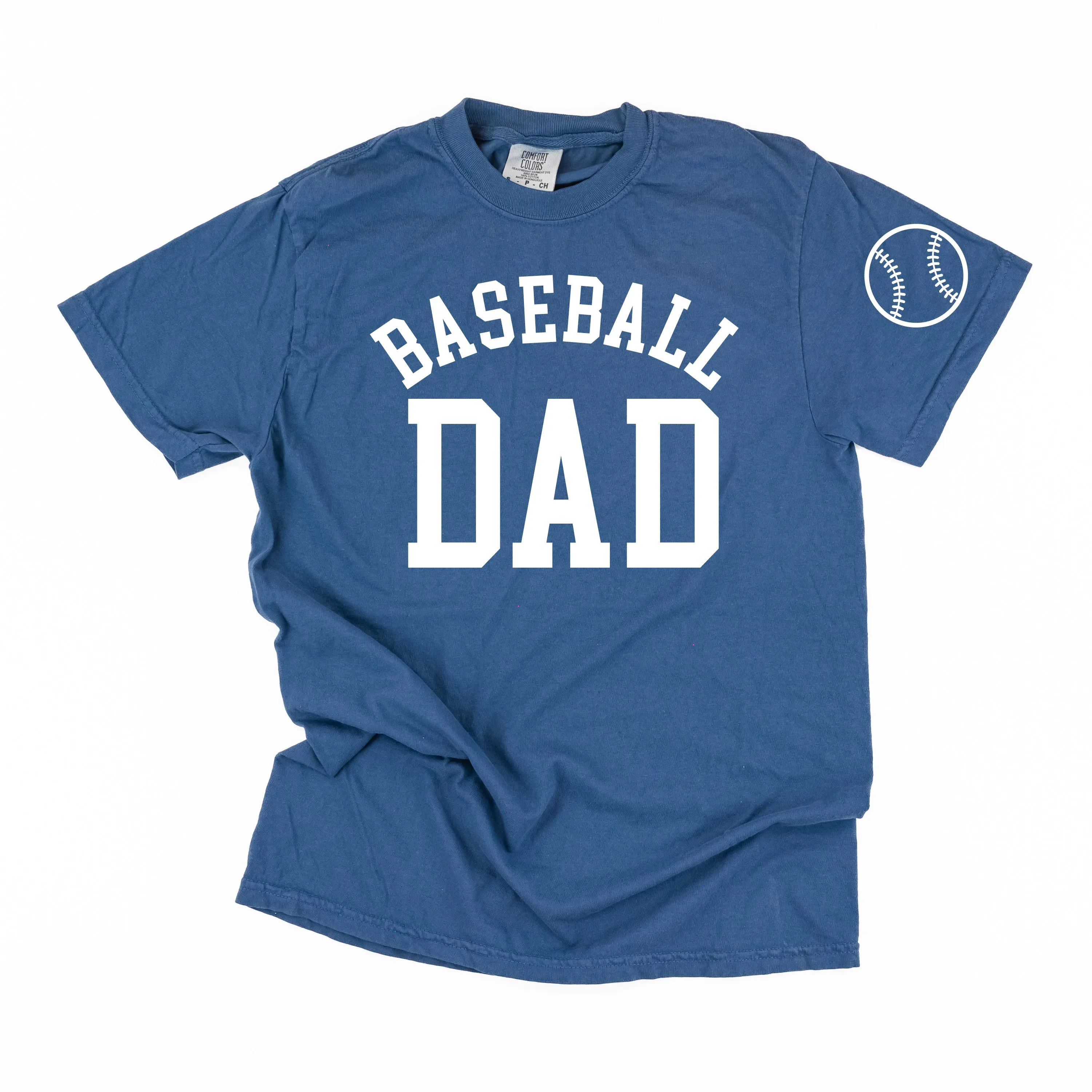 Baseball Dad - Baseball Detail on Sleeve - SHORT SLEEVE COMFORT COLORS TEE