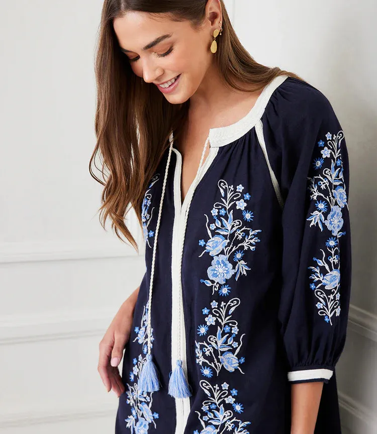 Basilia Blouson Sleeve Embroidered Peasant Dress in Navy - Karen Kane 1L70238