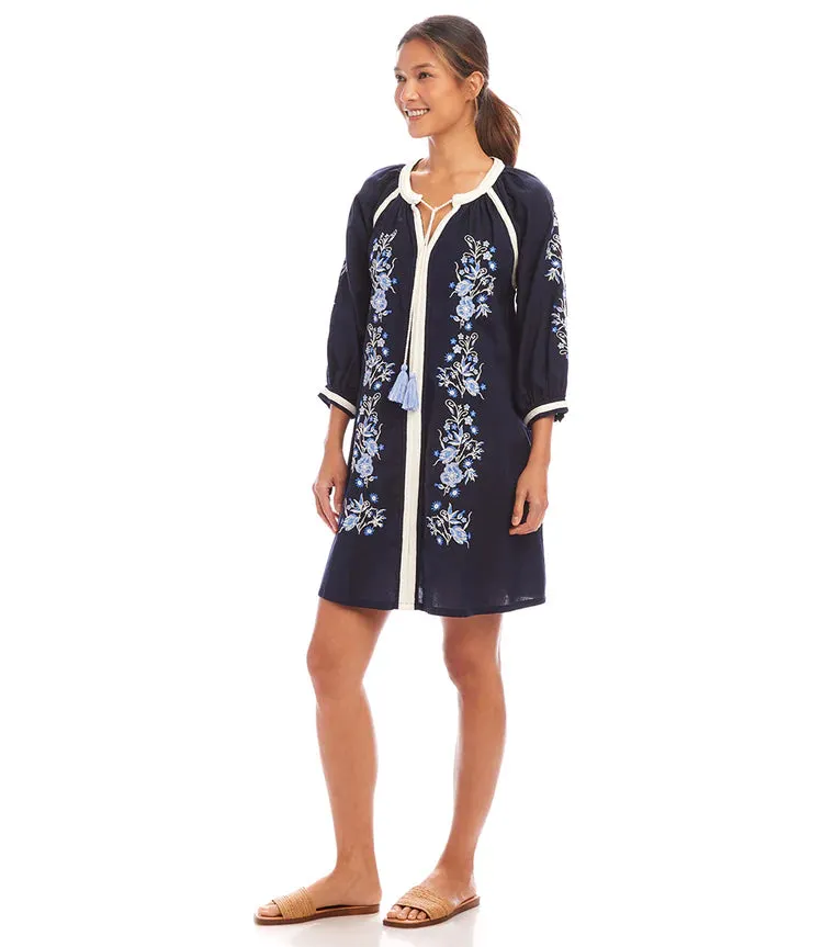 Basilia Blouson Sleeve Embroidered Peasant Dress in Navy - Karen Kane 1L70238