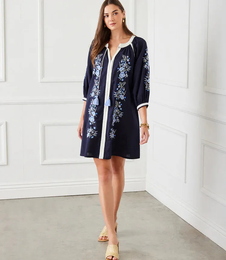 Basilia Blouson Sleeve Embroidered Peasant Dress in Navy - Karen Kane 1L70238
