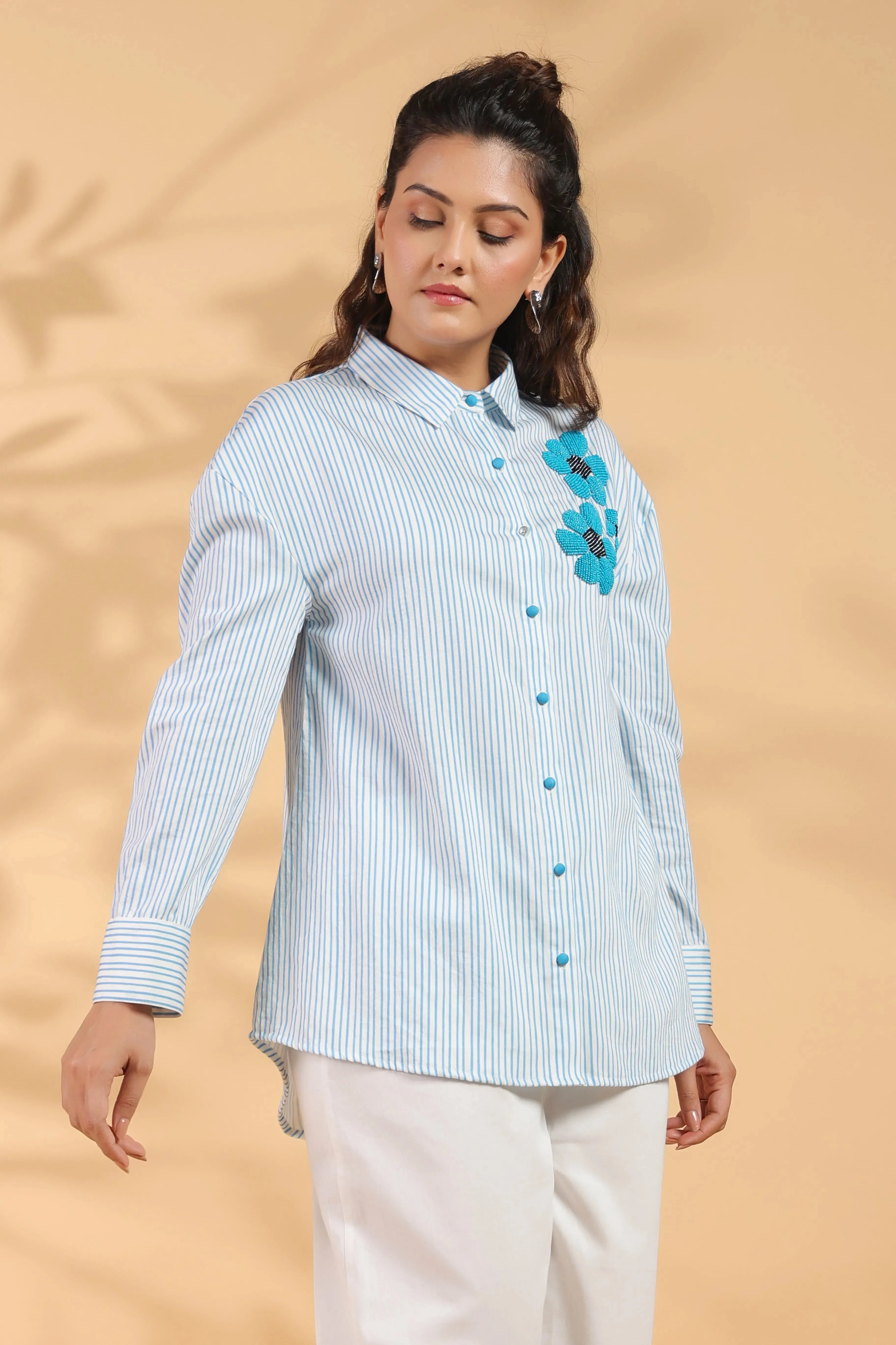 Blue & White Stripe Cotton Satin Beaded flower Embroidered Shirt