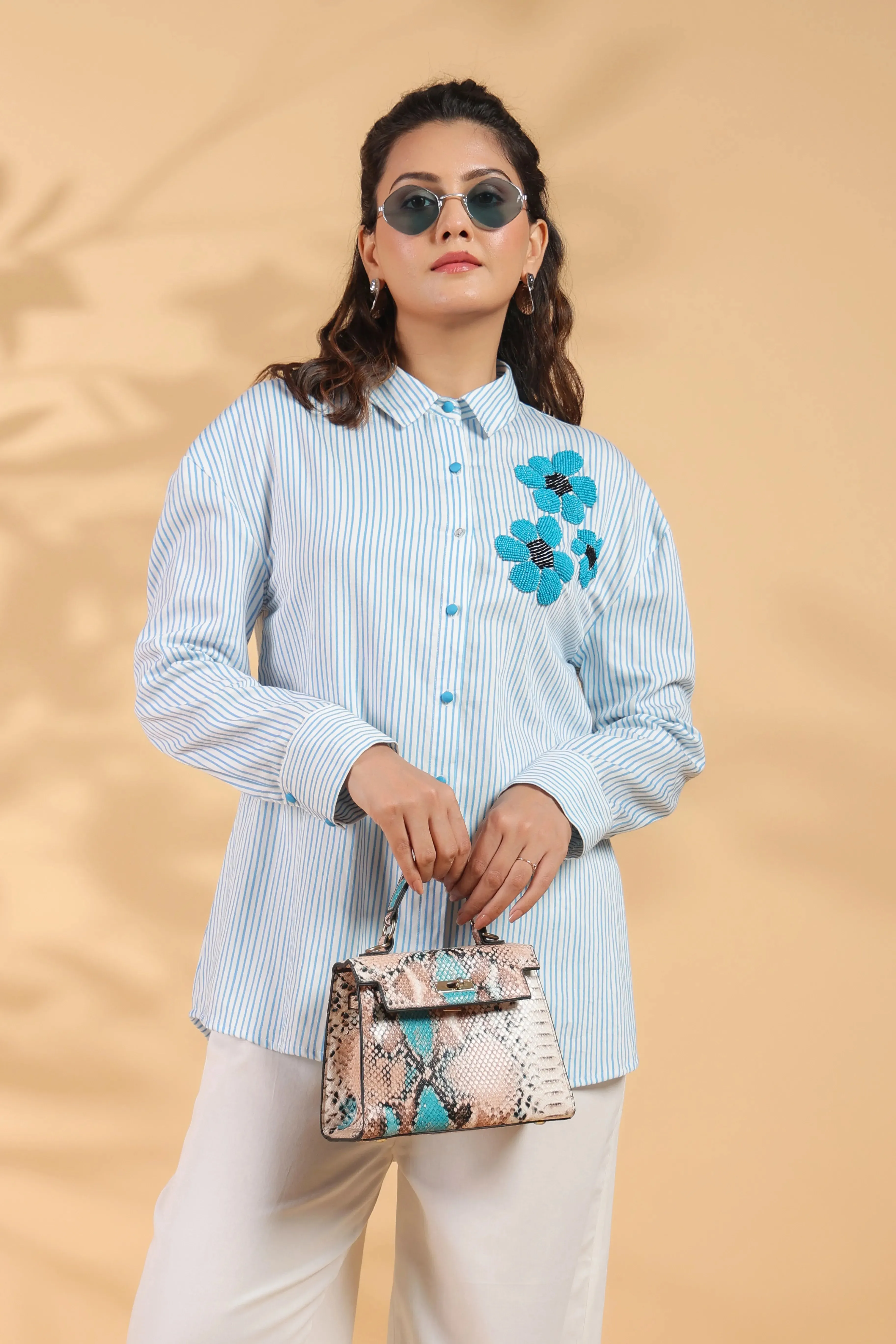 Blue & White Stripe Cotton Satin Beaded flower Embroidered Shirt