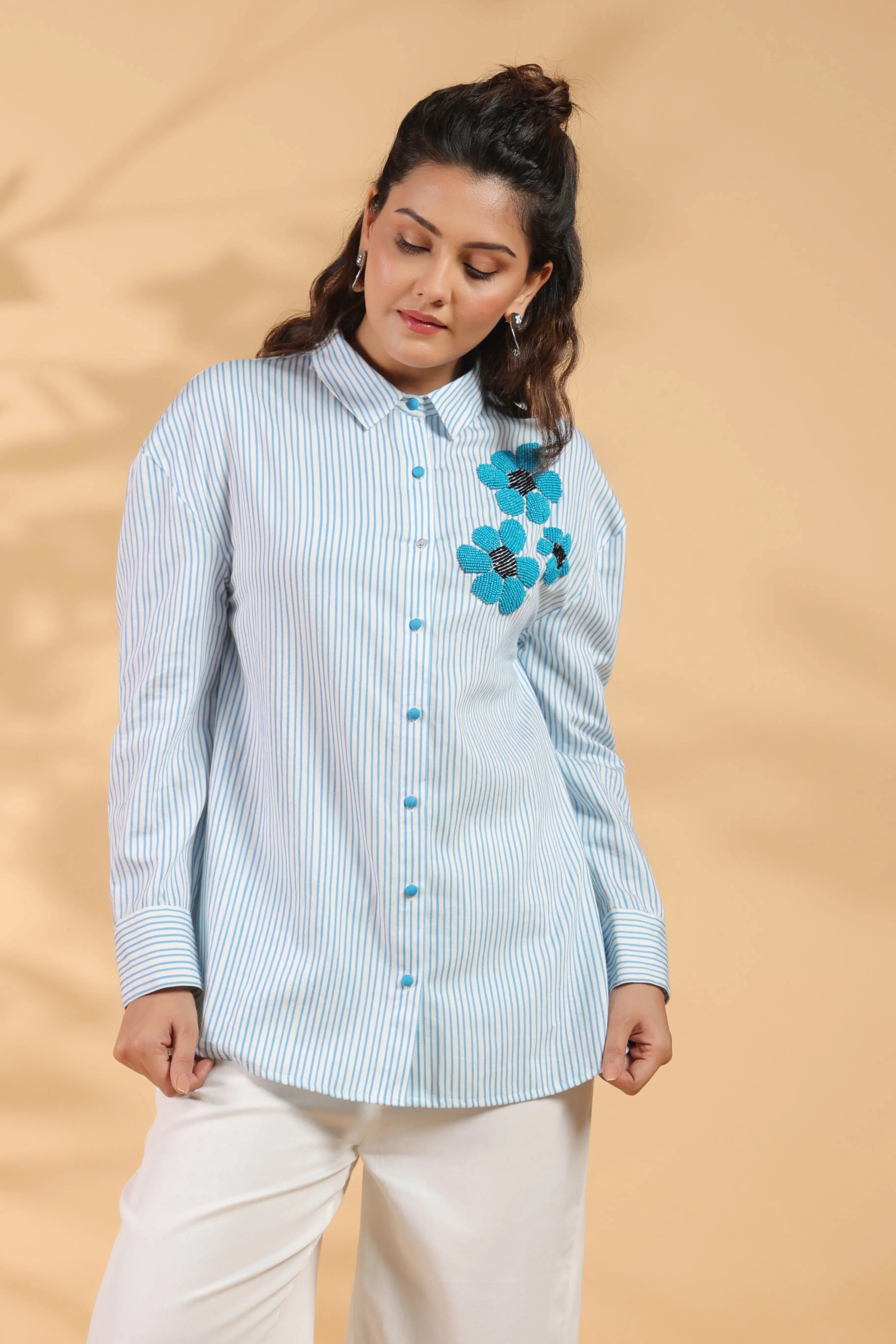 Blue & White Stripe Cotton Satin Beaded flower Embroidered Shirt