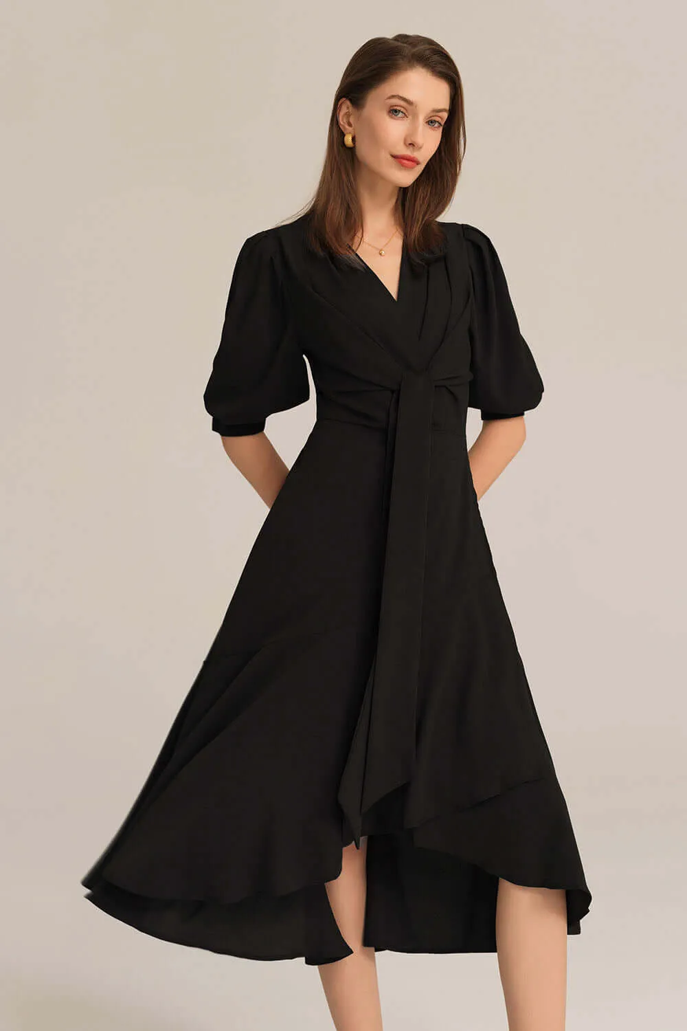 Bow-Knot Wrap Hem V-Neck 3/4 Sleeve Midi Dress - Black