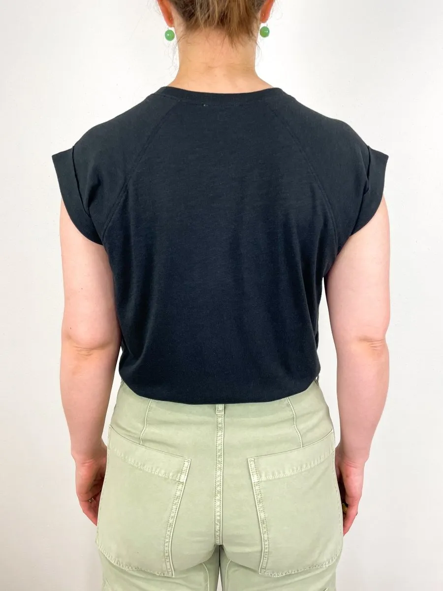 Boxy Cuffed Sleeve Crewneck in Black