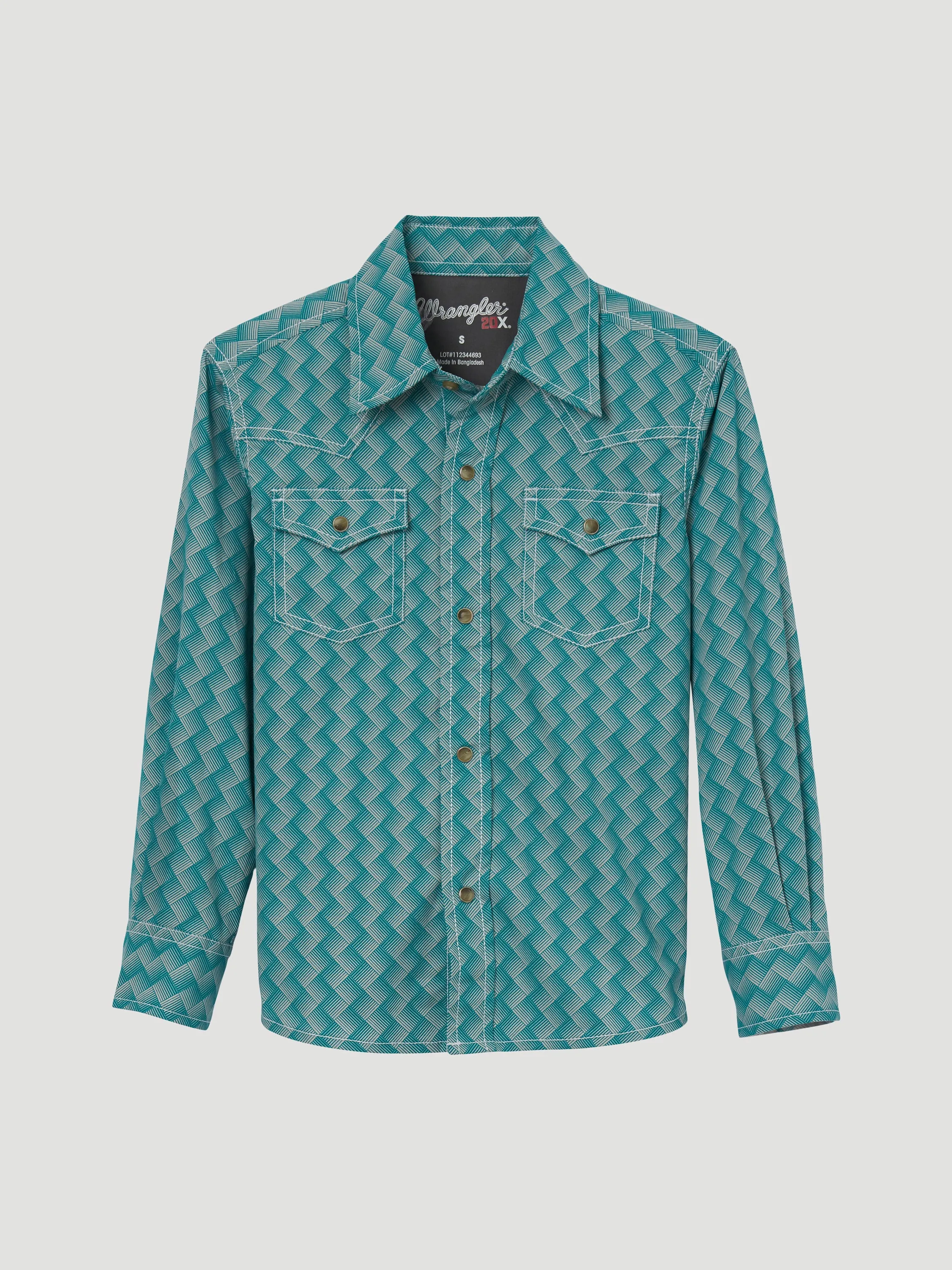 Boy's Wrangler 20X Competition Advanced Comfort Green/White Weave Print Western Snap Shirt