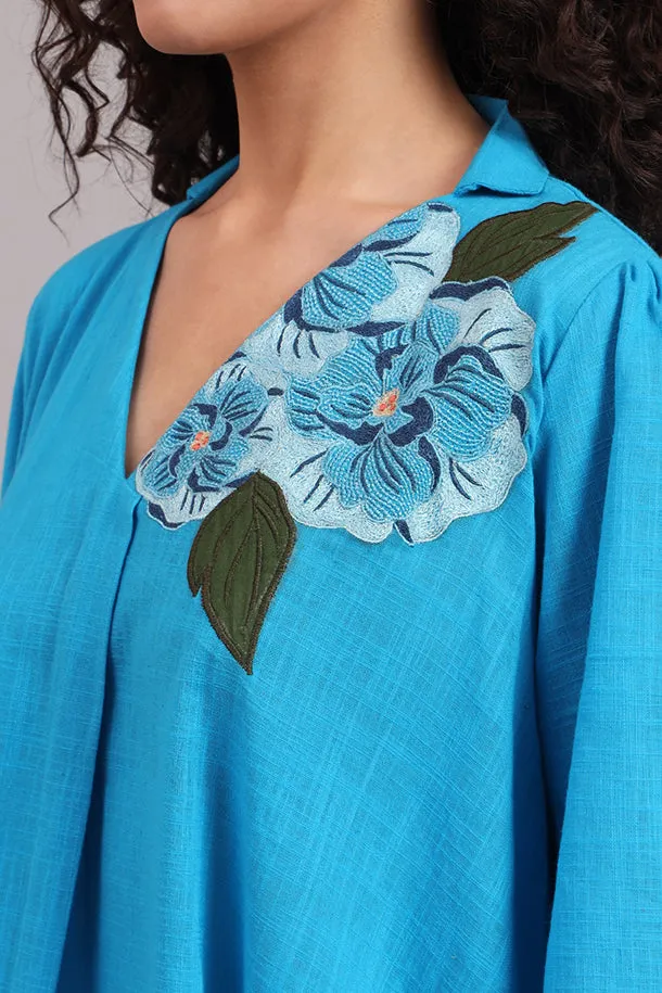 Breezy Bloom Embroidered Cotton Dress  Blue