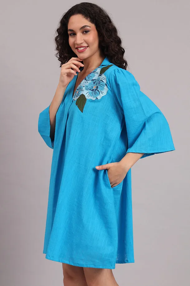 Breezy Bloom Embroidered Cotton Dress  Blue