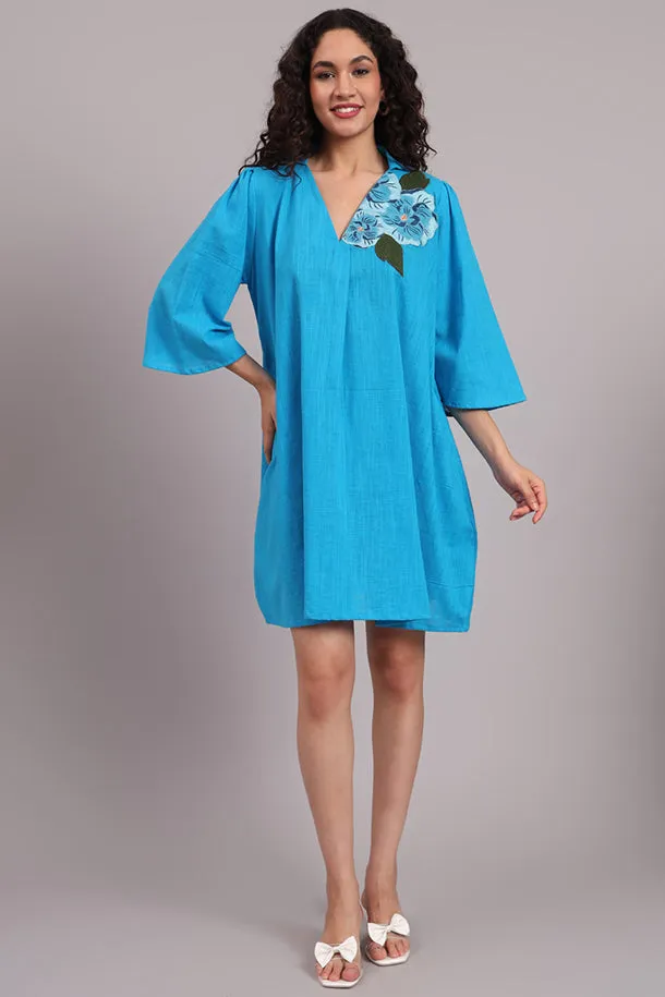 Breezy Bloom Embroidered Cotton Dress  Blue