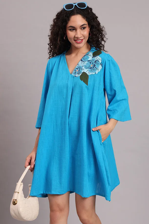 Breezy Bloom Embroidered Cotton Dress  Blue