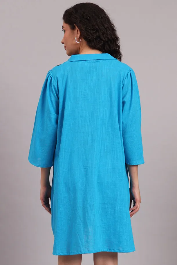 Breezy Bloom Embroidered Cotton Dress  Blue