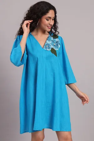 Breezy Bloom Embroidered Cotton Dress  Blue