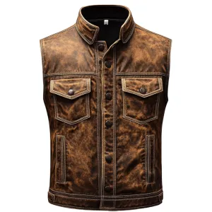 Brown Distressed Leather Vest - Made from Genuine Leather | El Zoro