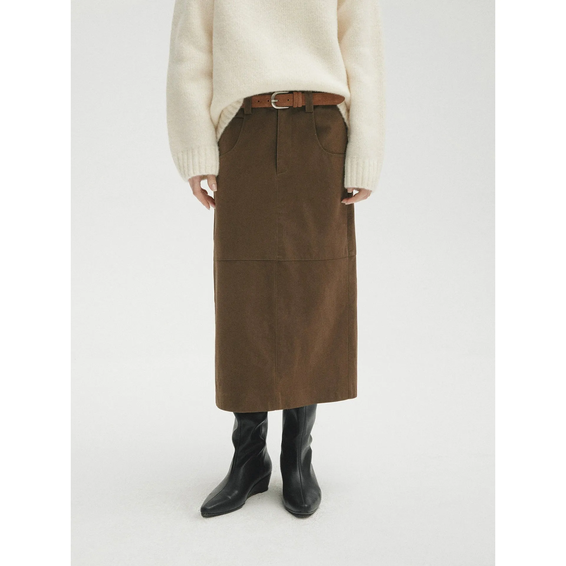 Brown Midi Skirt with Slit