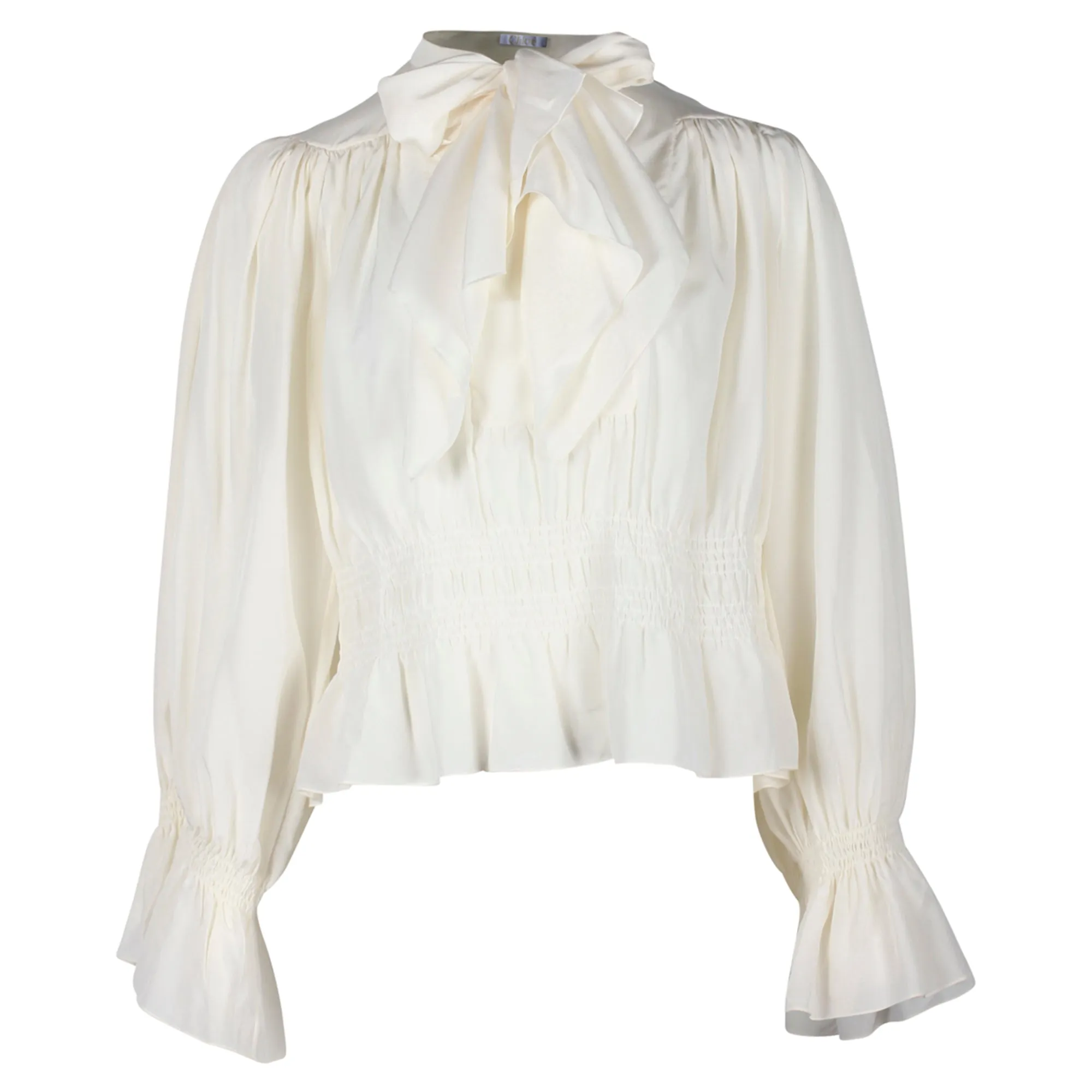 Chloe Pussybow Ruched Blouse in Ecru Silk