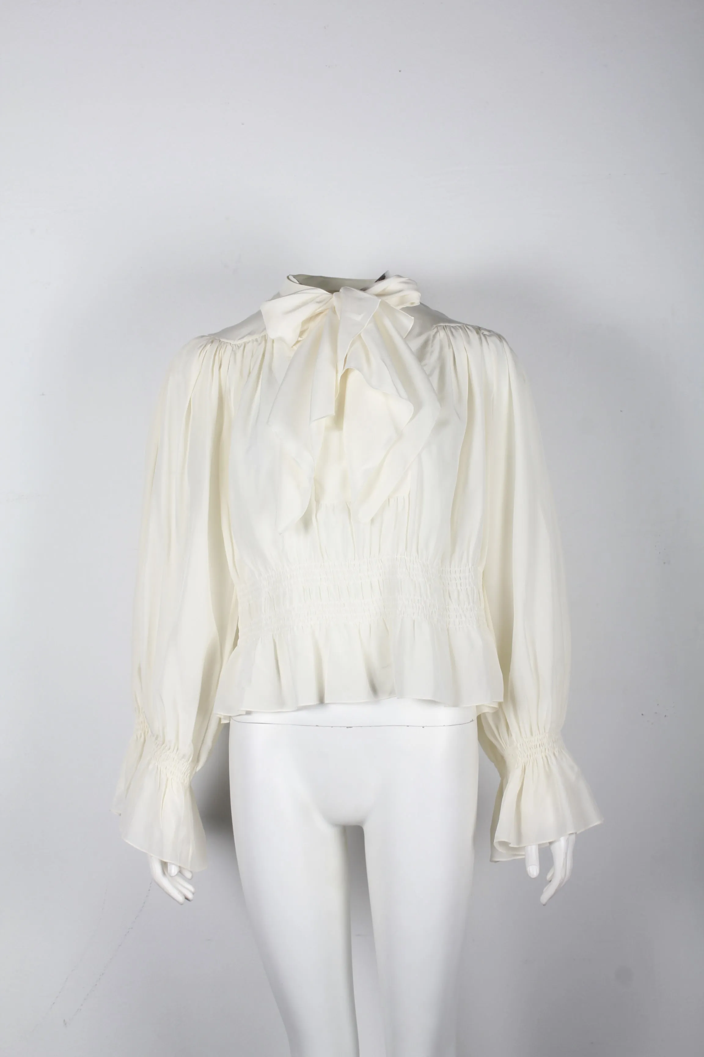 Chloe Pussybow Ruched Blouse in Ecru Silk