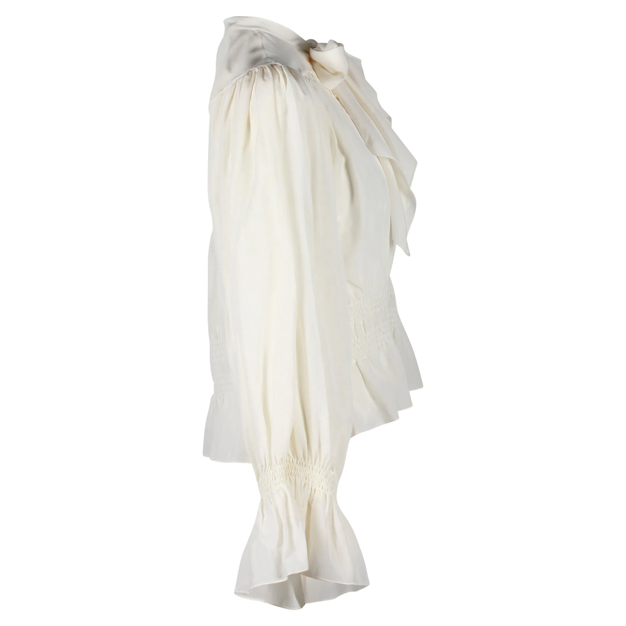 Chloe Pussybow Ruched Blouse in Ecru Silk