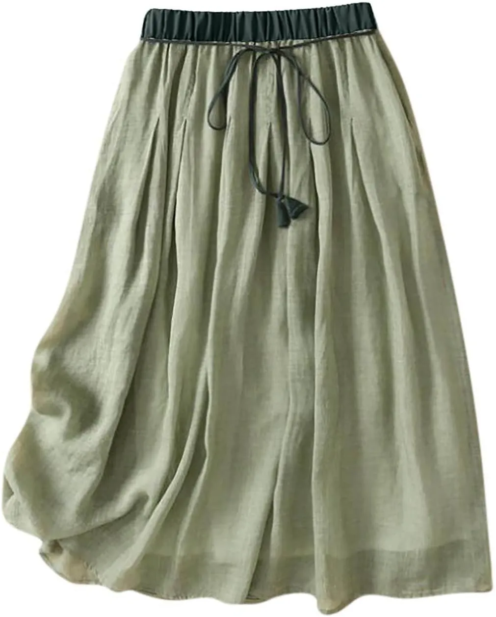 Cotton Linen Midi Skirts for Women Elastic Waist Drawstring A-Line Skirts Color Block Casual Loose Long Skirts