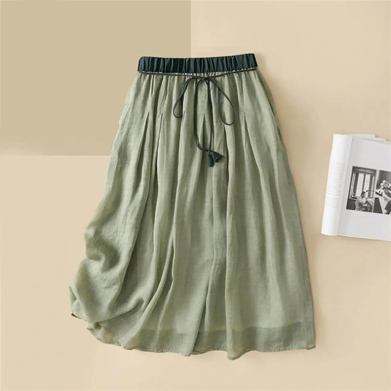 Cotton Linen Midi Skirts for Women Elastic Waist Drawstring A-Line Skirts Color Block Casual Loose Long Skirts