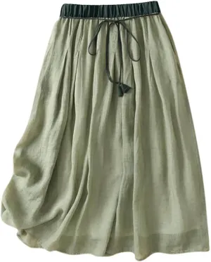 Cotton Linen Midi Skirts for Women Elastic Waist Drawstring A-Line Skirts Color Block Casual Loose Long Skirts