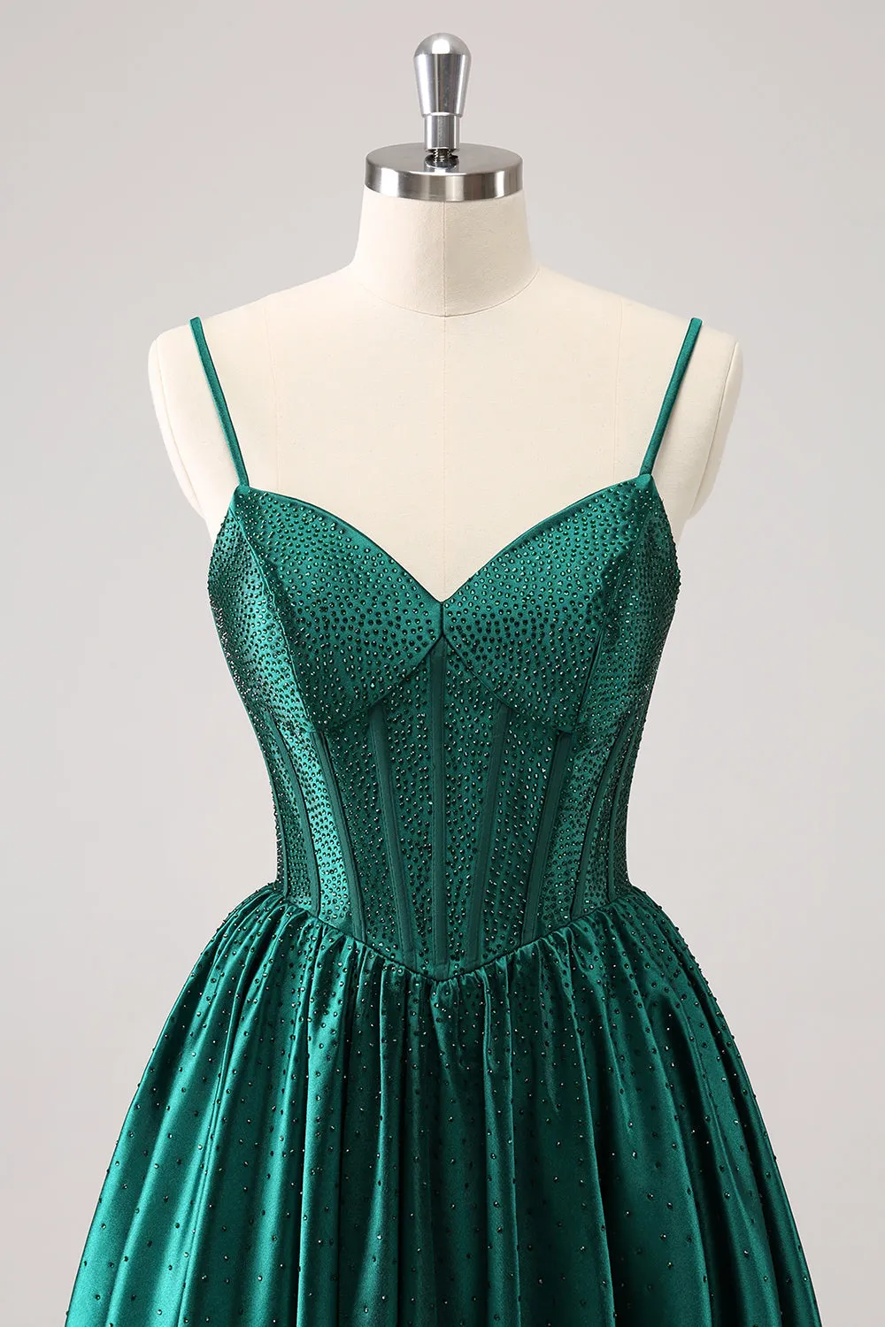 Dark Green A-Line Spaghetti Straps Corset Pleated Mini Dress