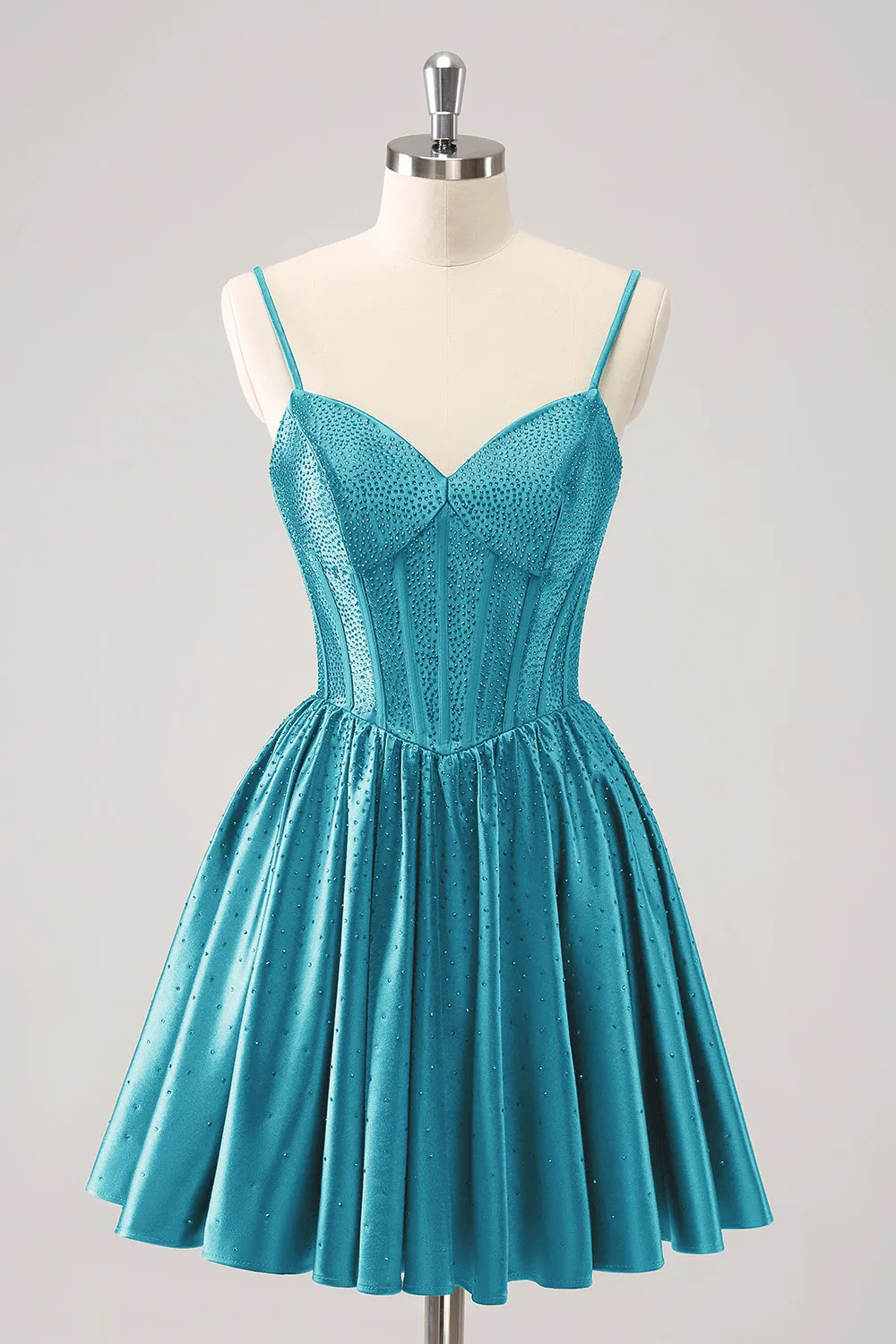 Dark Green A-Line Spaghetti Straps Corset Pleated Mini Dress