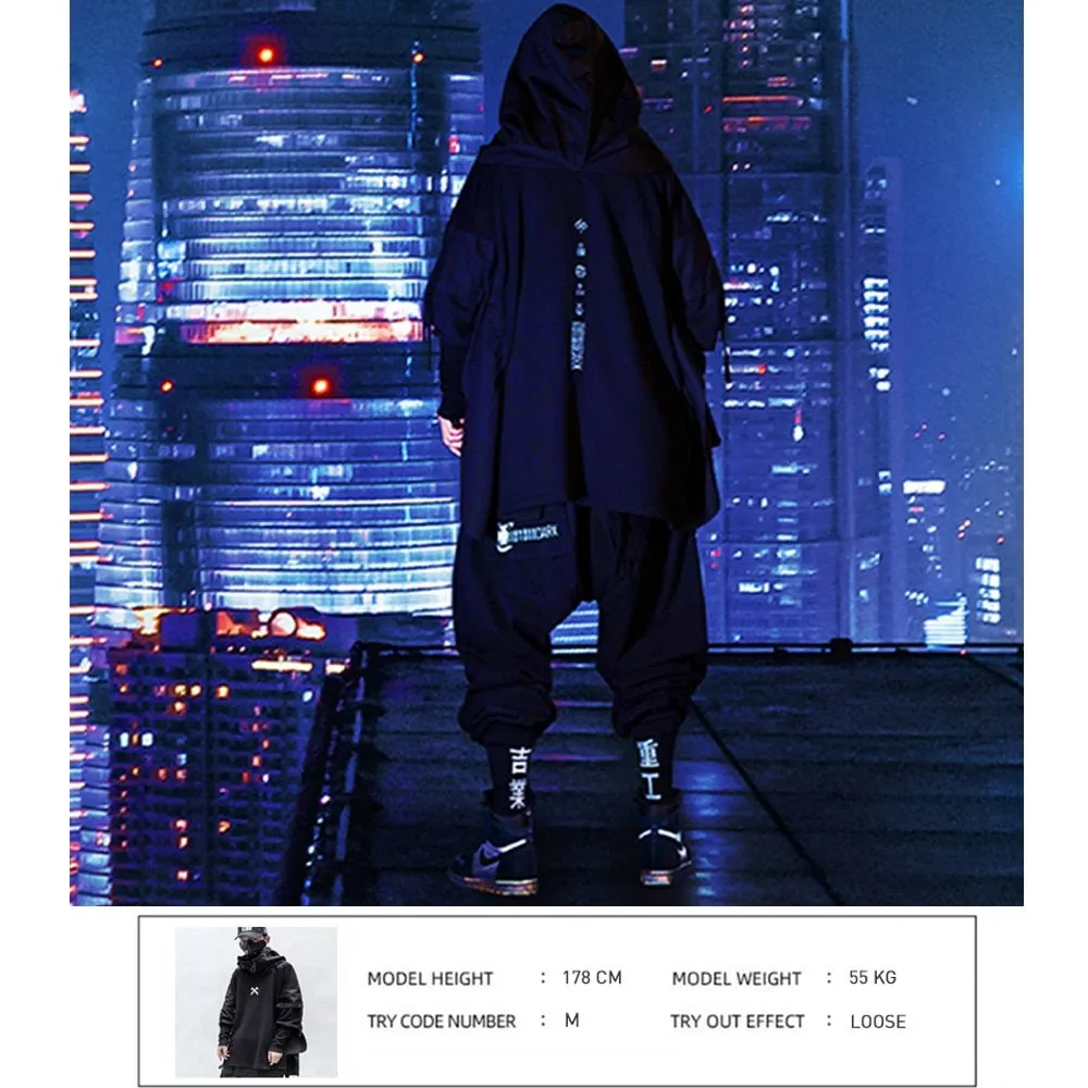 DARK Japanese Streetwear Man Hoodies Hip Hop Embroideried Pullover Patchwork Fake Two Darkwear Tops Techwear Hoodies