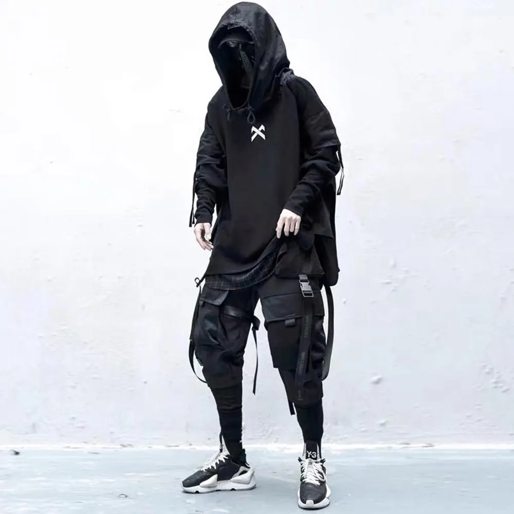 DARK Japanese Streetwear Man Hoodies Hip Hop Embroideried Pullover Patchwork Fake Two Darkwear Tops Techwear Hoodies