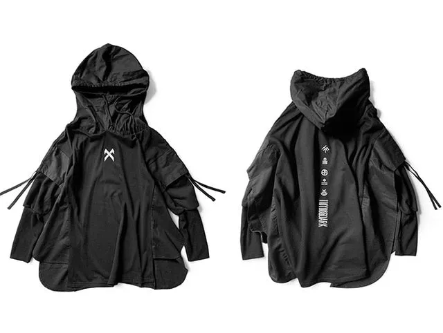 DARK Japanese Streetwear Man Hoodies Hip Hop Embroideried Pullover Patchwork Fake Two Darkwear Tops Techwear Hoodies