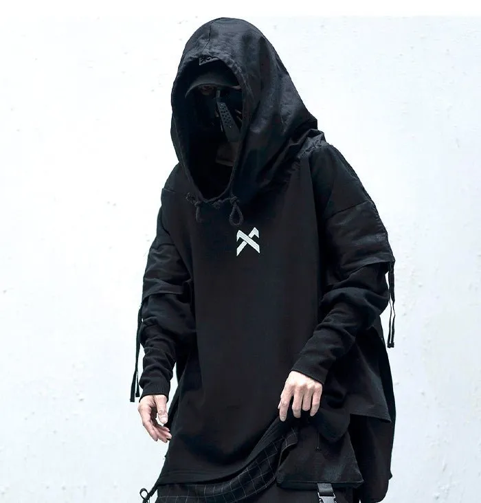 DARK Japanese Streetwear Man Hoodies Hip Hop Embroideried Pullover Patchwork Fake Two Darkwear Tops Techwear Hoodies