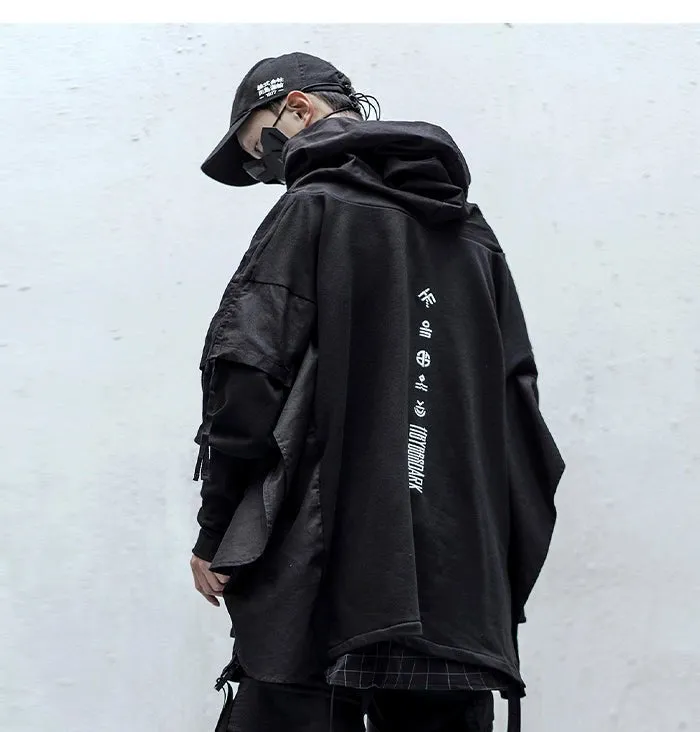 DARK Japanese Streetwear Man Hoodies Hip Hop Embroideried Pullover Patchwork Fake Two Darkwear Tops Techwear Hoodies