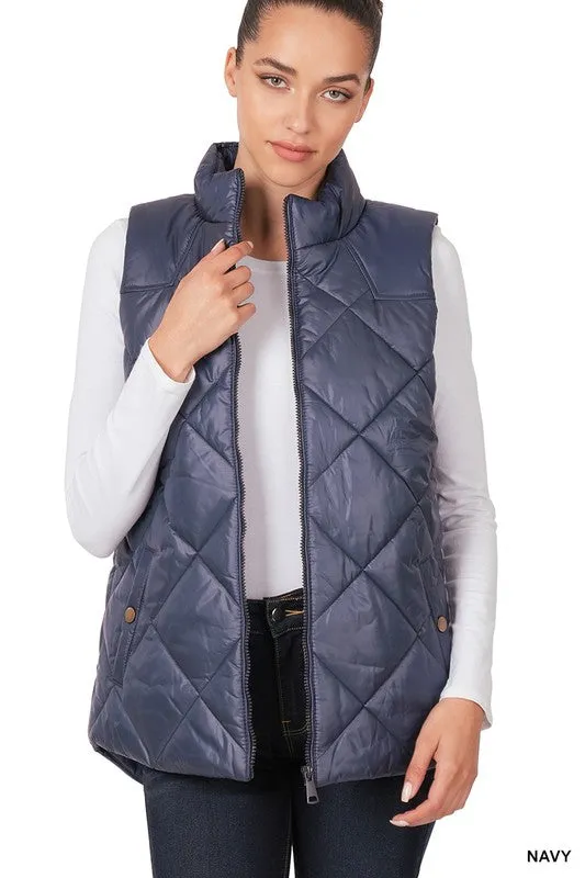 Diamond Quilted Zip Front Vest - Zenana