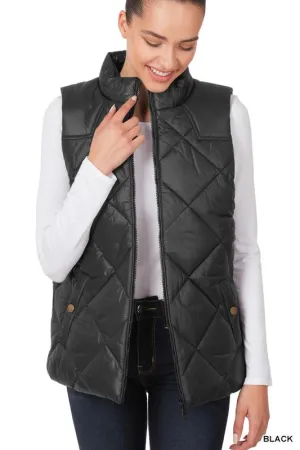 Diamond Quilted Zip Front Vest - Zenana