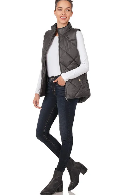 Diamond Quilted Zip Front Vest - Zenana