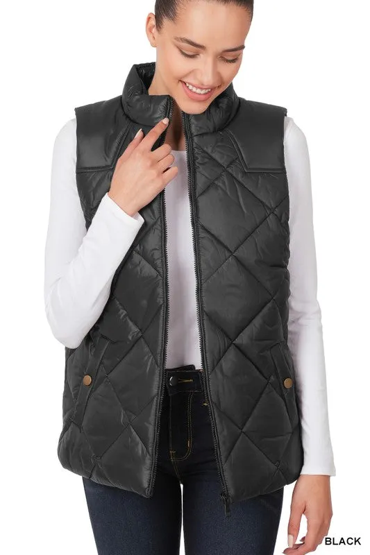Diamond Quilted Zip Front Vest - Zenana