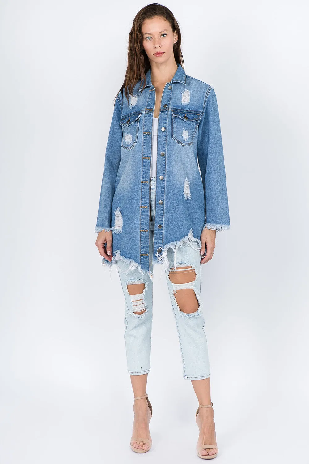 Distressed Frayed Hem Denim Jacket In Blue