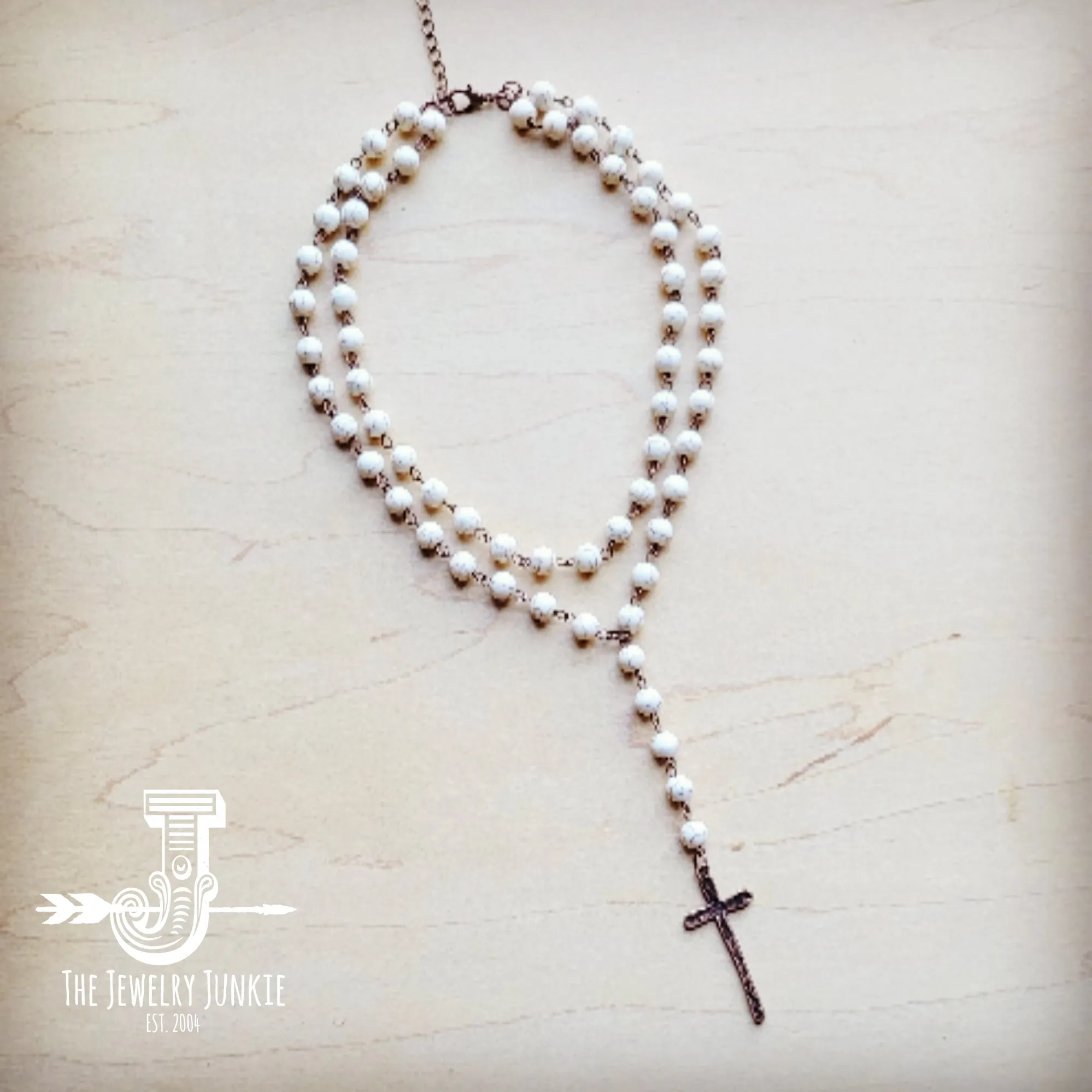 Double Strand Lariat White Turquoise Necklace w/ Cross Pendant 259r