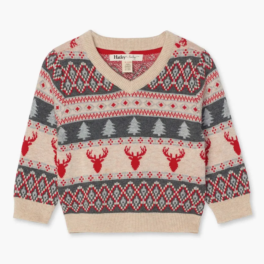 Fair Isle Stags V-Neck Baby Sweater