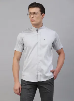 Grey Cotton Band Collar Half Sleeve Shirt