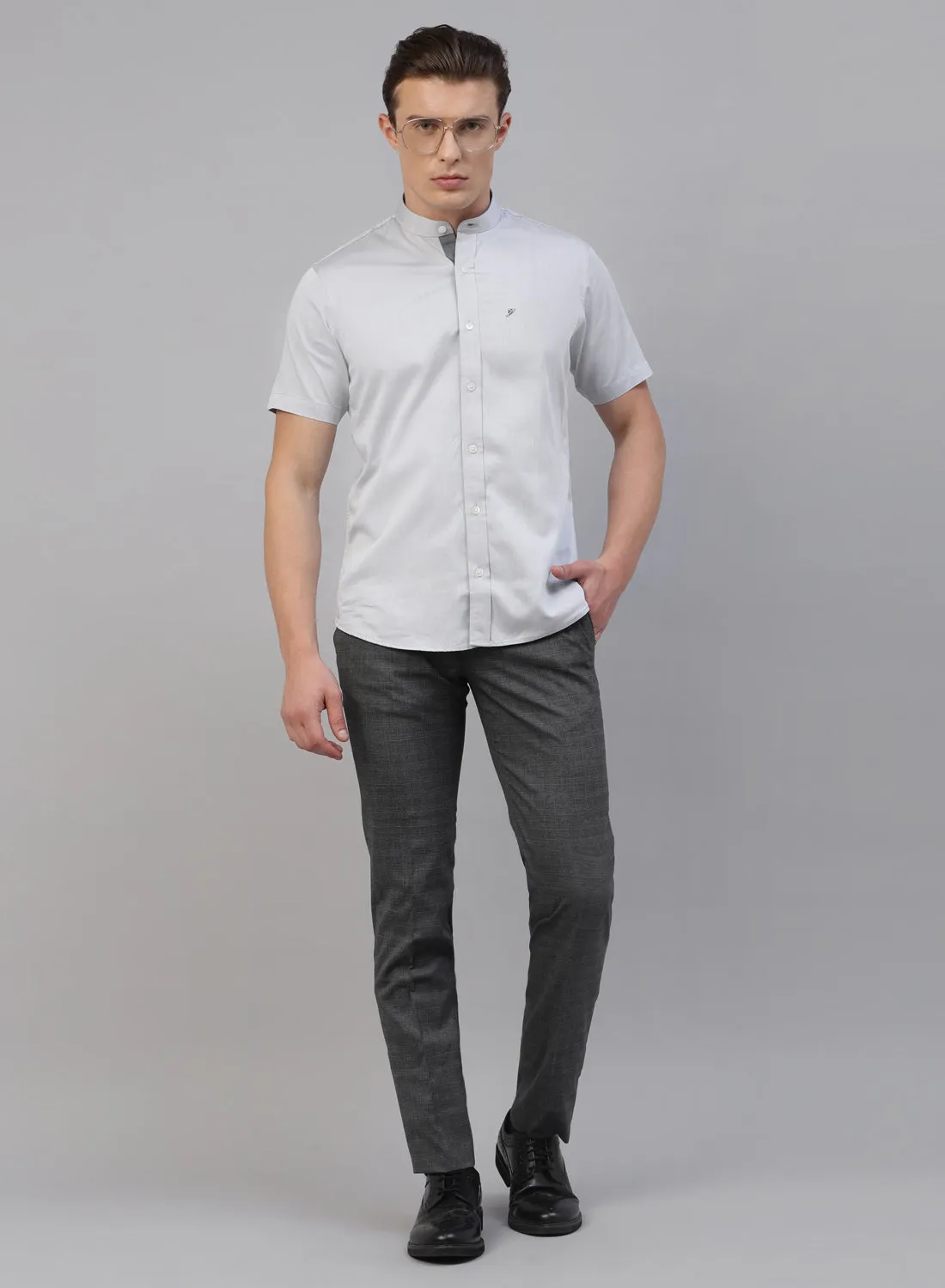Grey Cotton Band Collar Half Sleeve Shirt